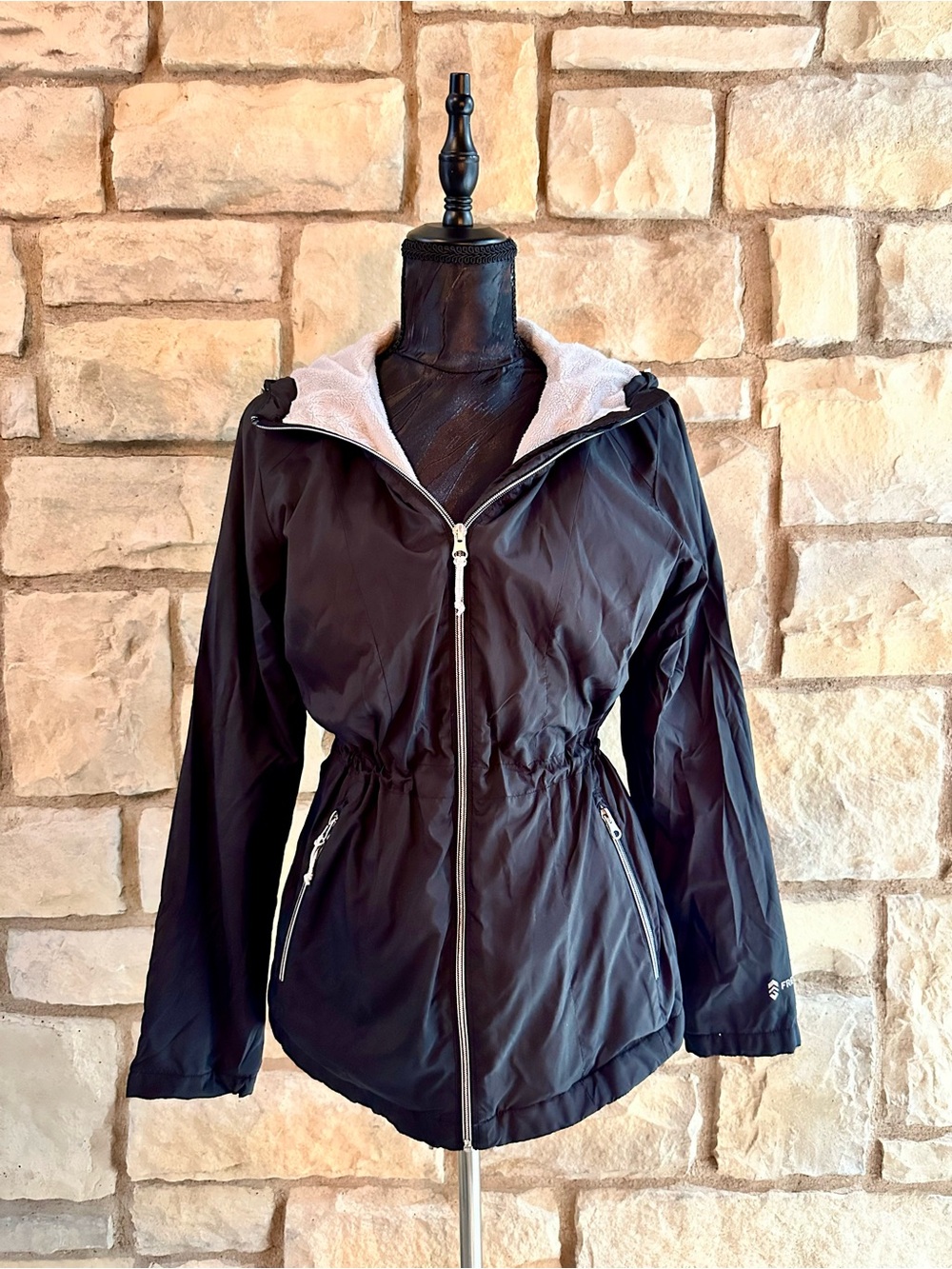 Black Women's Hooded Zip-Front Jacket with Drawstring Waist